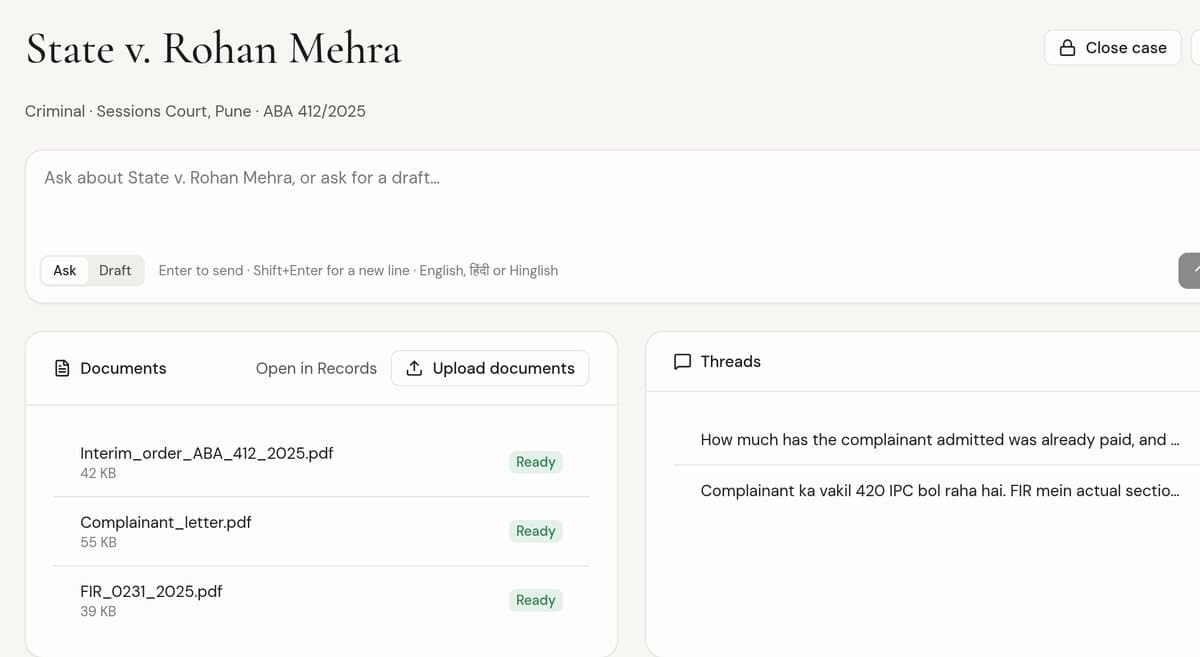 A case in the app: State v. Rohan Mehra, with its three documents marked Ready and the two questions asked about it.