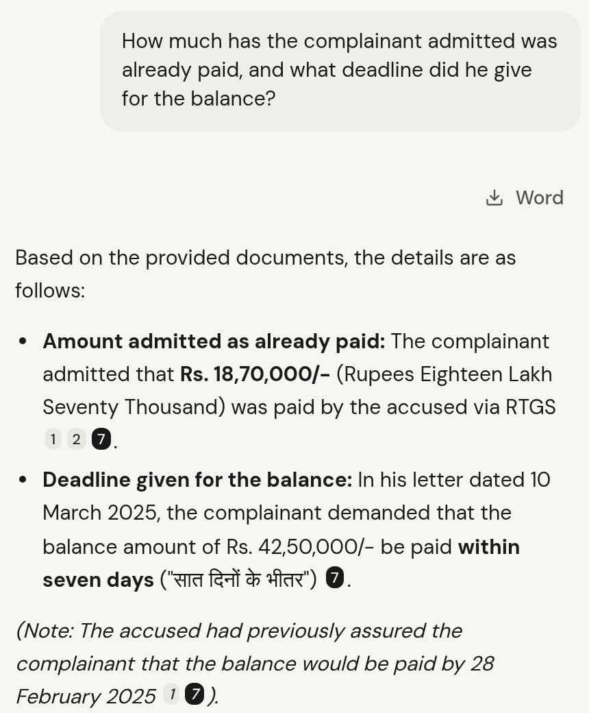An English question about the complainant's letter. The answer gives the amount already paid and quotes the seven-day deadline; beside it, the letter itself, in Hindi.