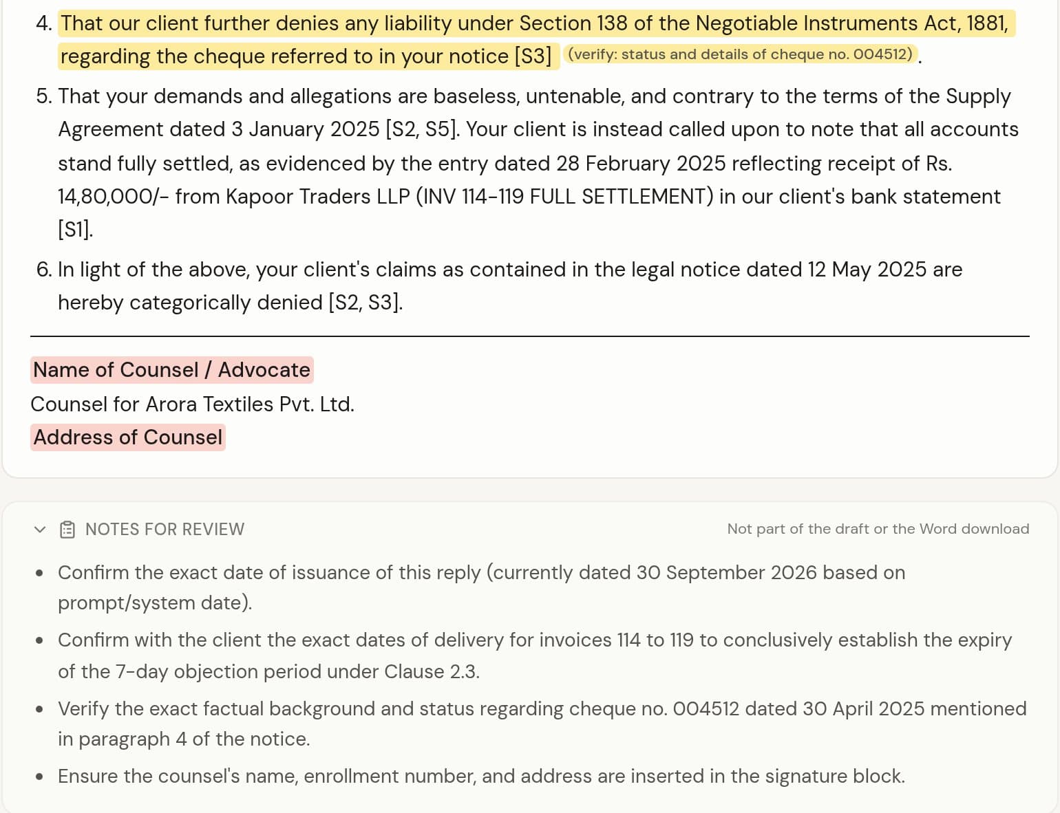 A reply to a legal notice. Lines to review are highlighted yellow, missing details such as the counsel's name are highlighted red, and notes for review follow the draft.