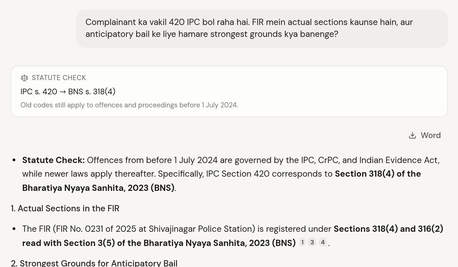 A question in Hinglish about 420 IPC. The answer opens with a statute check: IPC s. 420 corresponds to BNS s. 318(4).